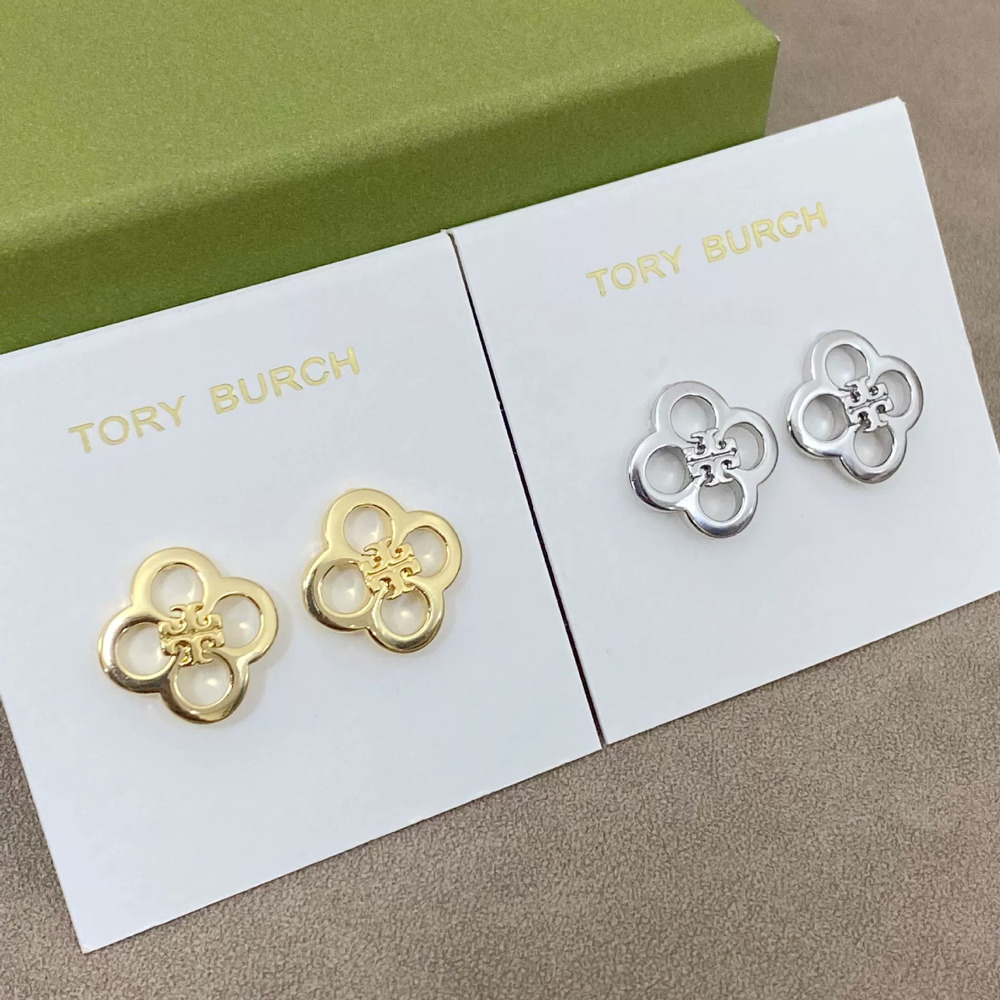 Tory Burch Gold Plated Four Leaf Clover Flower Stud Earrings